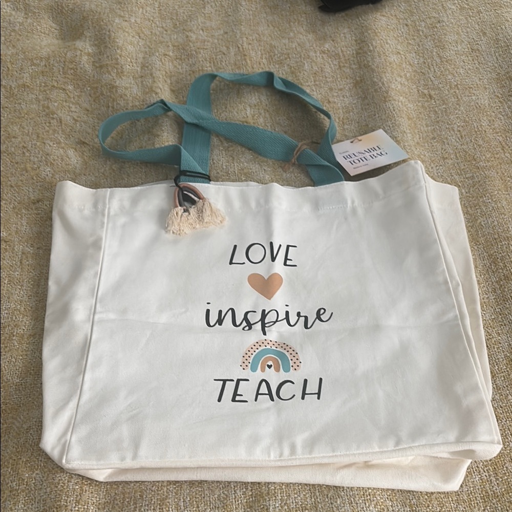 Canvas 'Love Inspire Teach' Teacher Tote Bag with Teal Straps